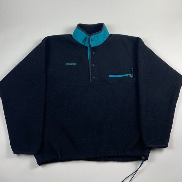 Vintage Black & Teal Blue Columbia Quarter Button Fleece Size Large Made in USA - Picture 2 of 8